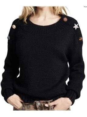 Veronica Beard Black Chase Jewel Star Shoulder Wool Alpaca Sweater Small